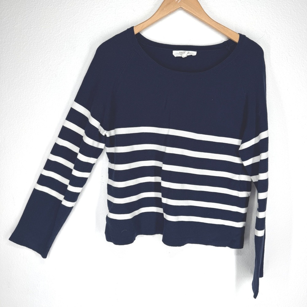 Navy Blue White Striped Cotton Raglan Sleeve Knit Sweater Large Coastal Nautical